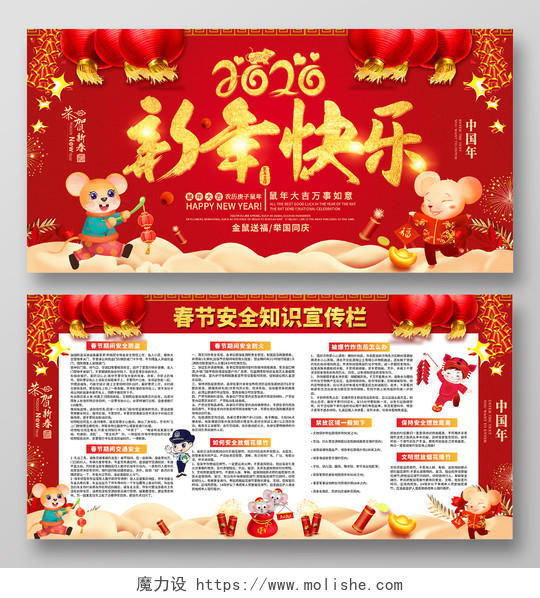 红色创意新年快乐鼠年春节安全知识宣传栏展板